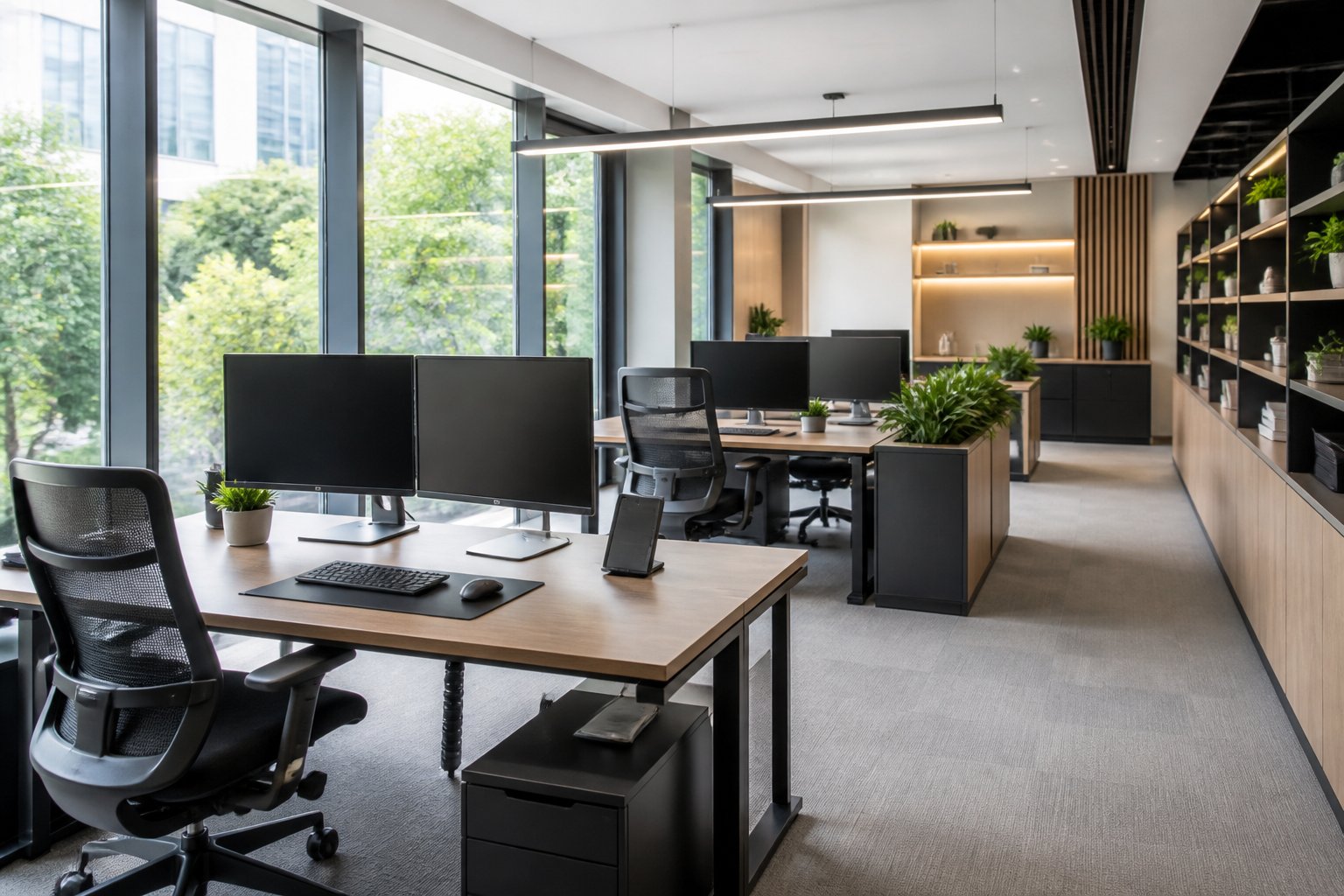 A modern office workspace with ergonomic chairs, adjustable desks, computer monitors, and plants near large windows.