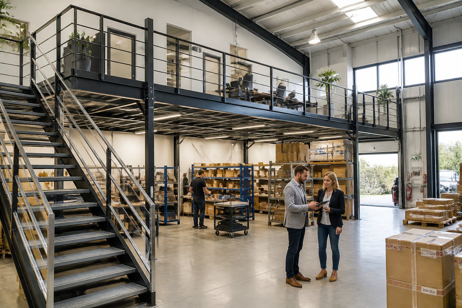 Staff talking in front of mezzanine floor for storage space