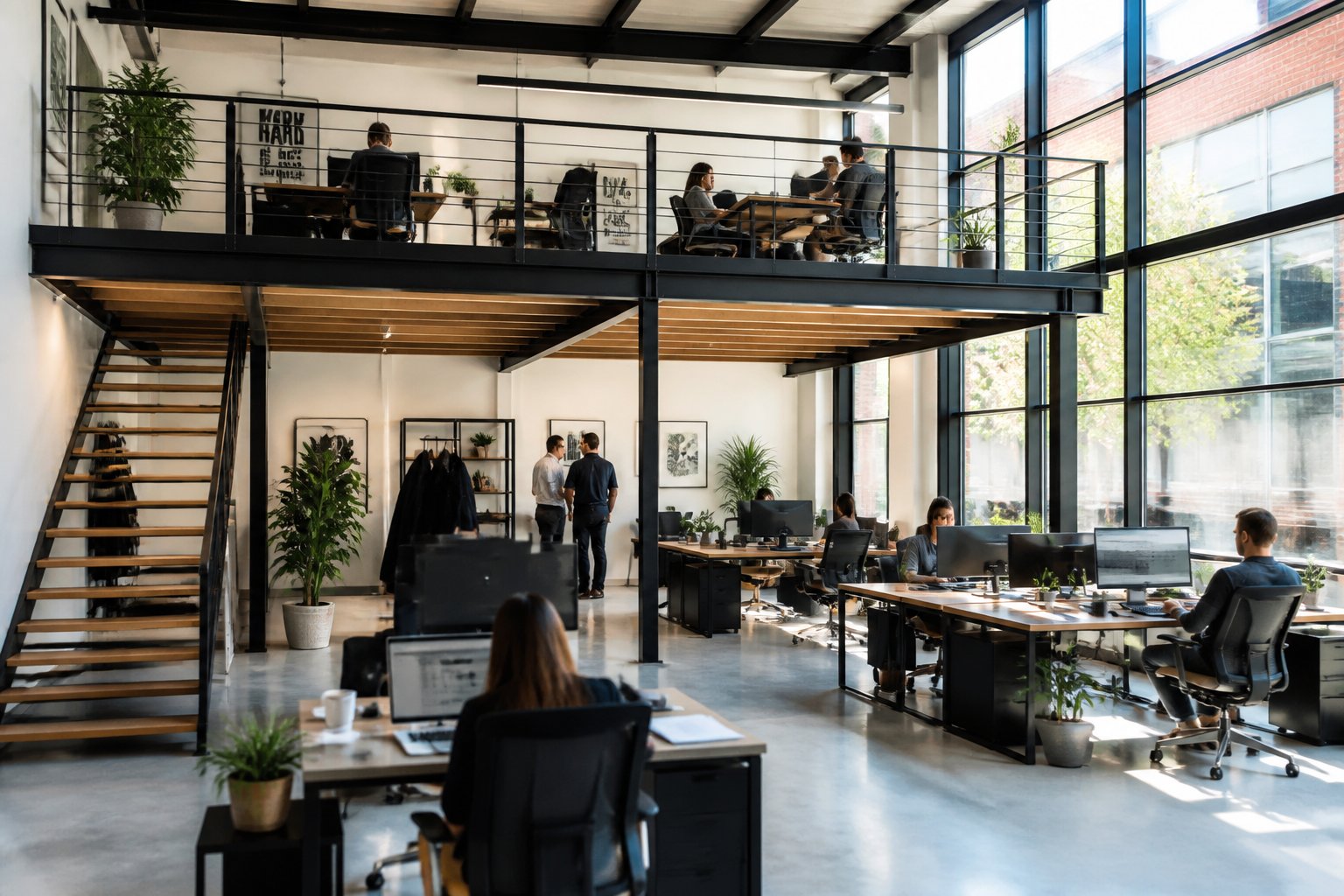 A modern office with a mezzanine floor showing employees working on two levels in a bright, spacious environment.