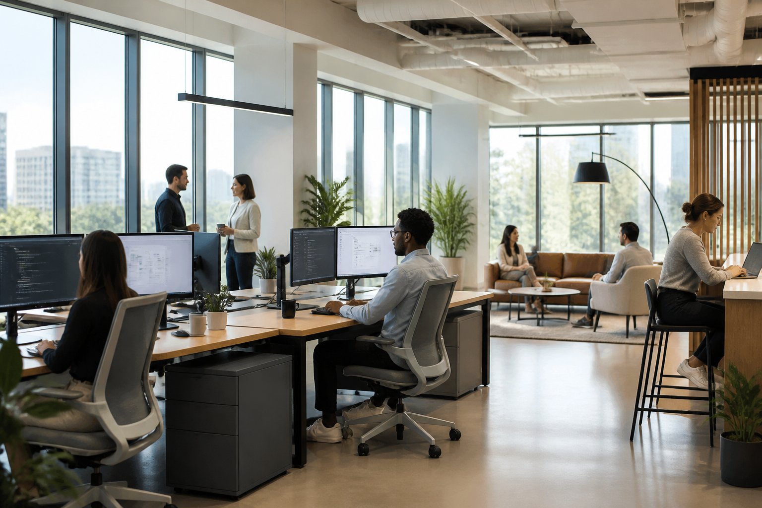A modern office with ergonomic furniture, natural light, plants, and people working collaboratively.