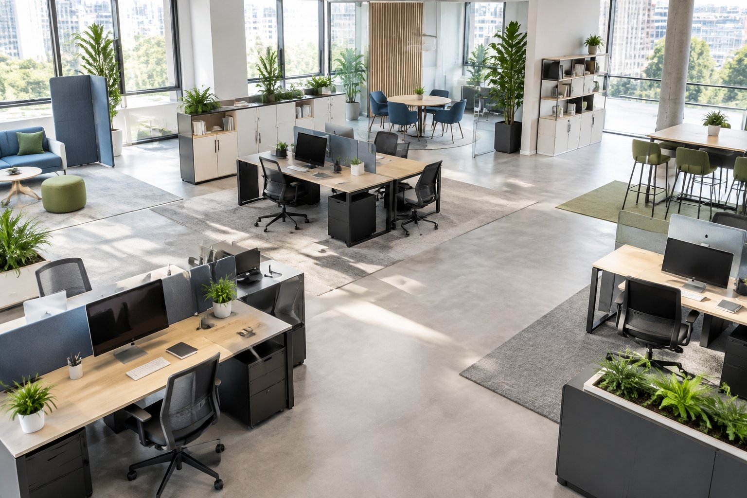 A bright modern office with well-spaced workstations, clear walkways, and separate areas for collaboration and storage.