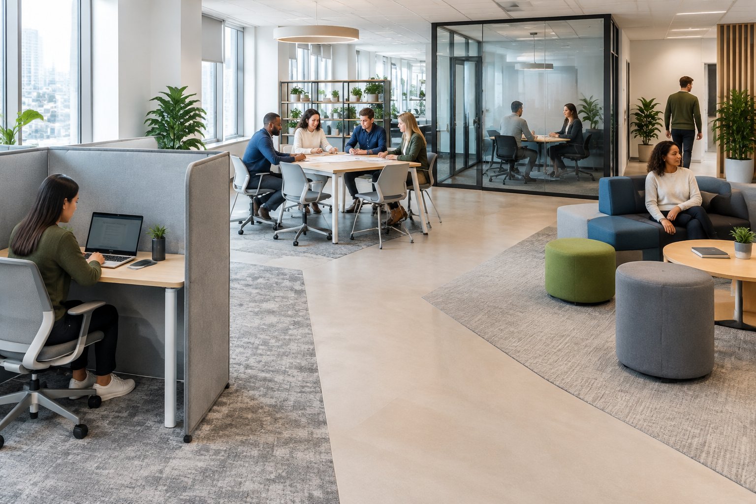 Professionals working in a modern office with separate areas for focused work, meetings and collaboration.
