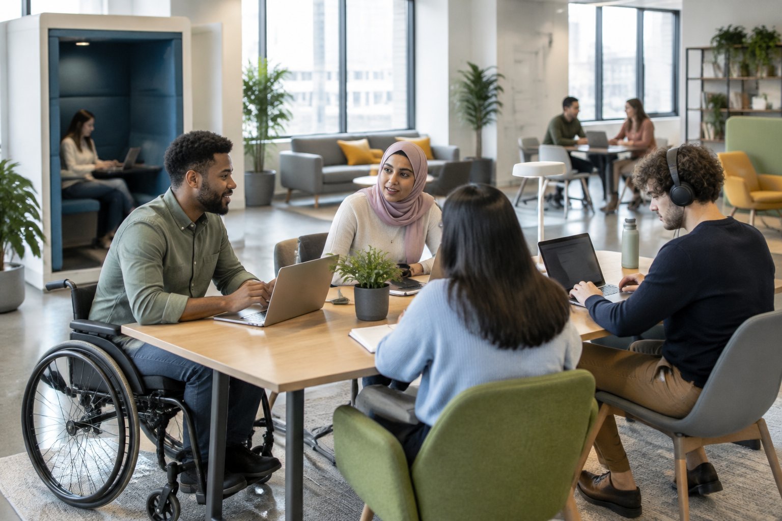 Colleagues work together in an office with quiet spaces and accessible pathways