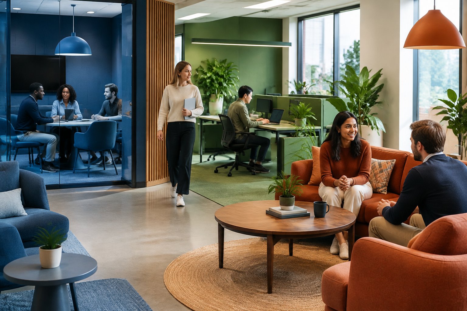 Colleagues review colour samples in a bright, modern office