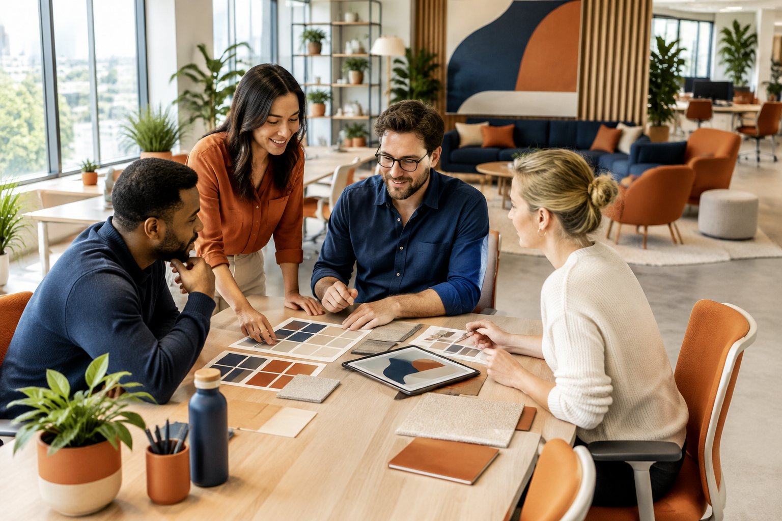 Colleagues work and talk in office areas decorated with different colours.