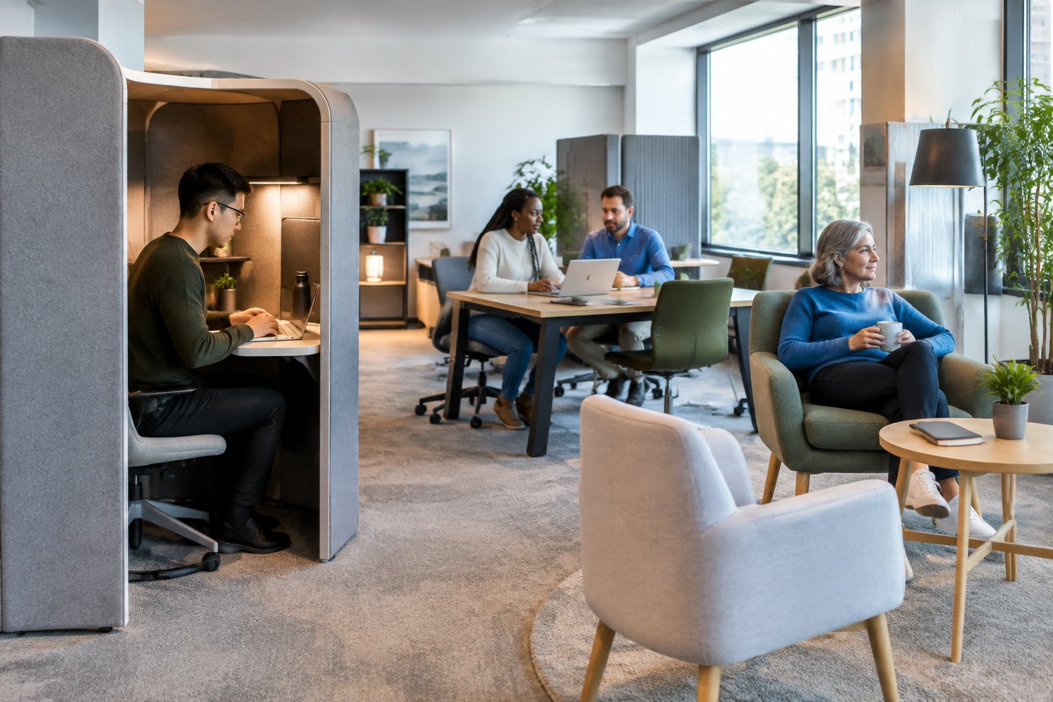 Employees choose between quiet workspaces, shared desks and a peaceful seating area in an inclusive office.