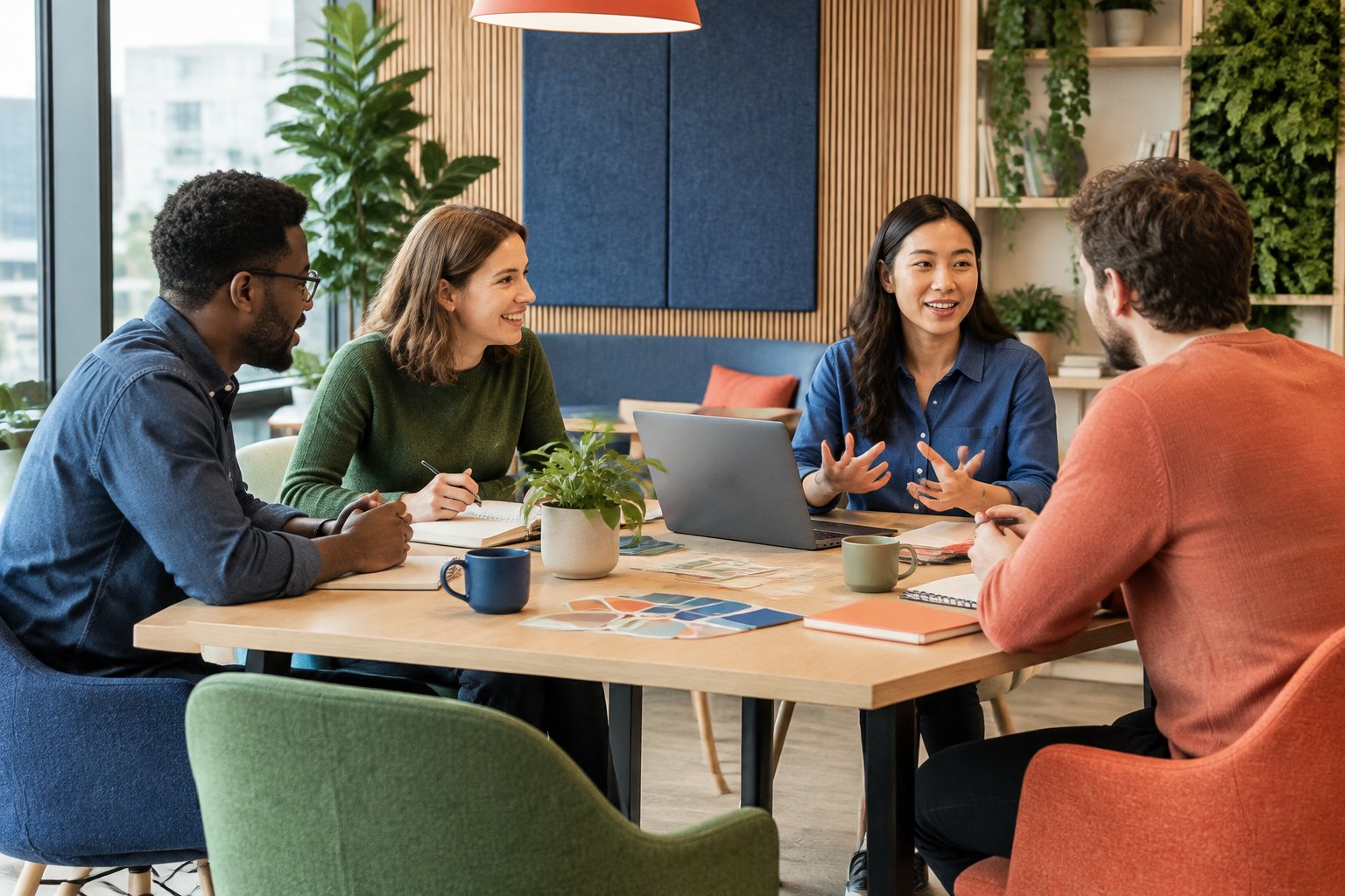 Colleagues collaborate in an office with coordinated blue, green and coral accents.