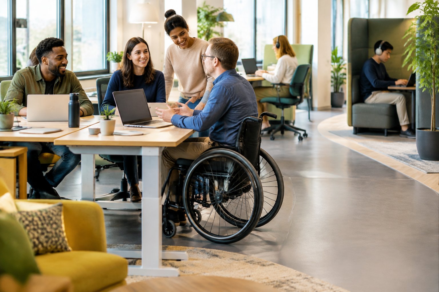 Colleagues, including a wheelchair user, work together in an accessible office.